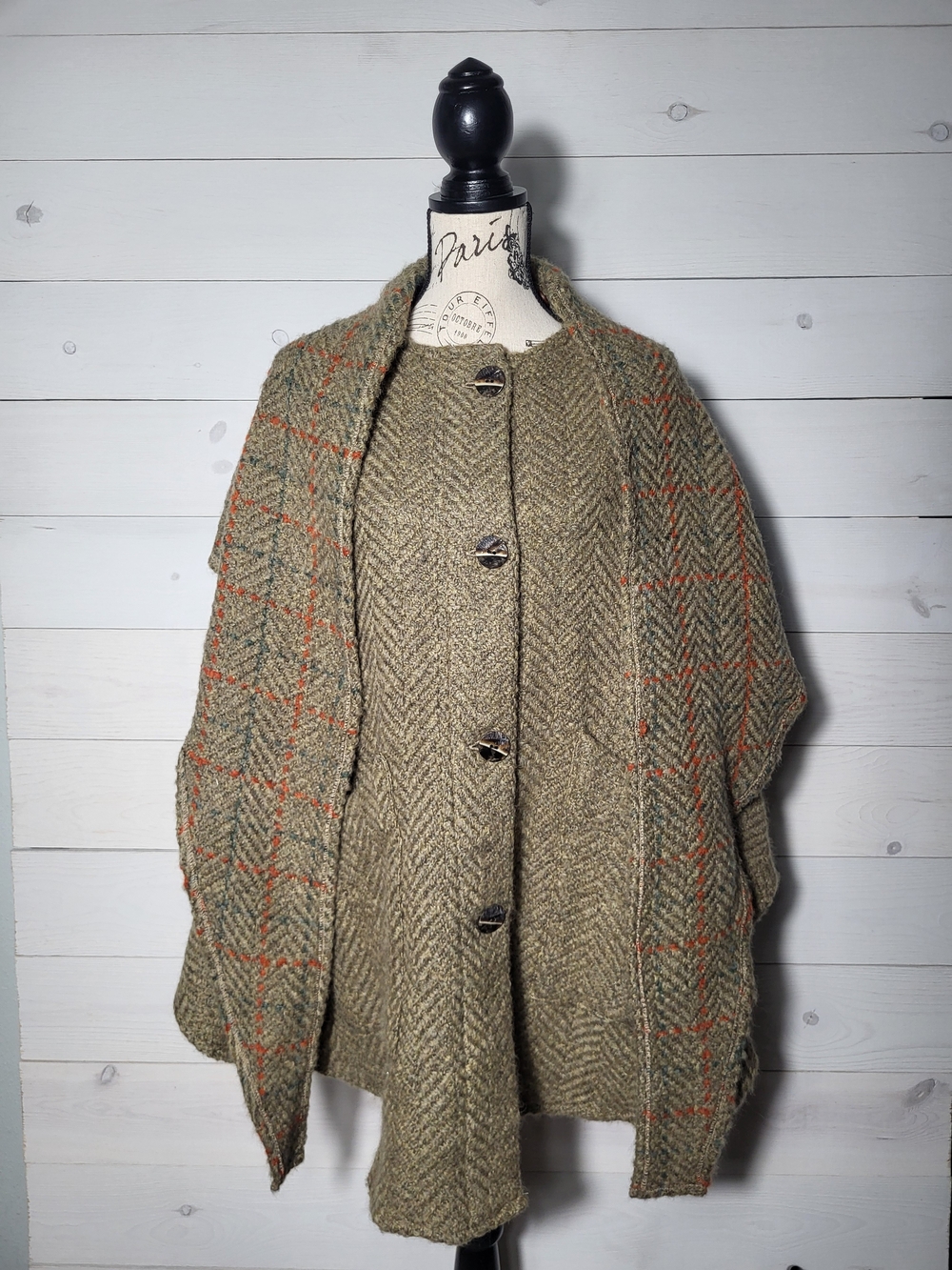 Vintage John Branigan Wool Poncho Sweater Plaid Scarf Made In Ireland.